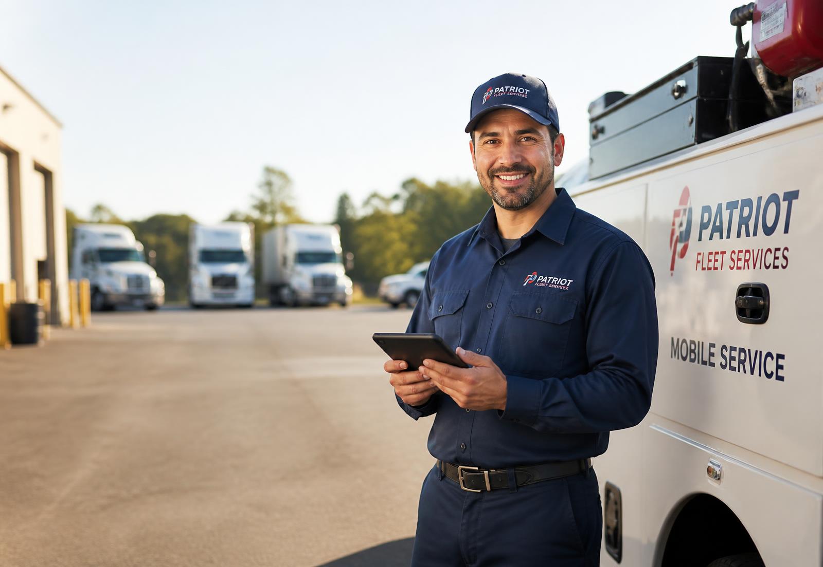 Mobile fleet service technician with a tablet beside his service truck